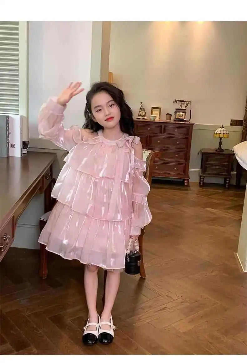 2025 Summer New Girls Dress Pink Off Shoulder Long Sleeve Halterneck Princess Dress For 2-10 Years Teen Girls Grace Fashion Dres