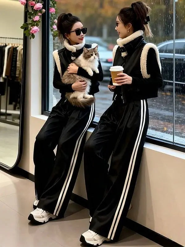 Autumn Winter Thickened Plush Patchwork Zipper Short Vest Women's High Waist Casual Wide Leg Pants Set Fashionable Cool