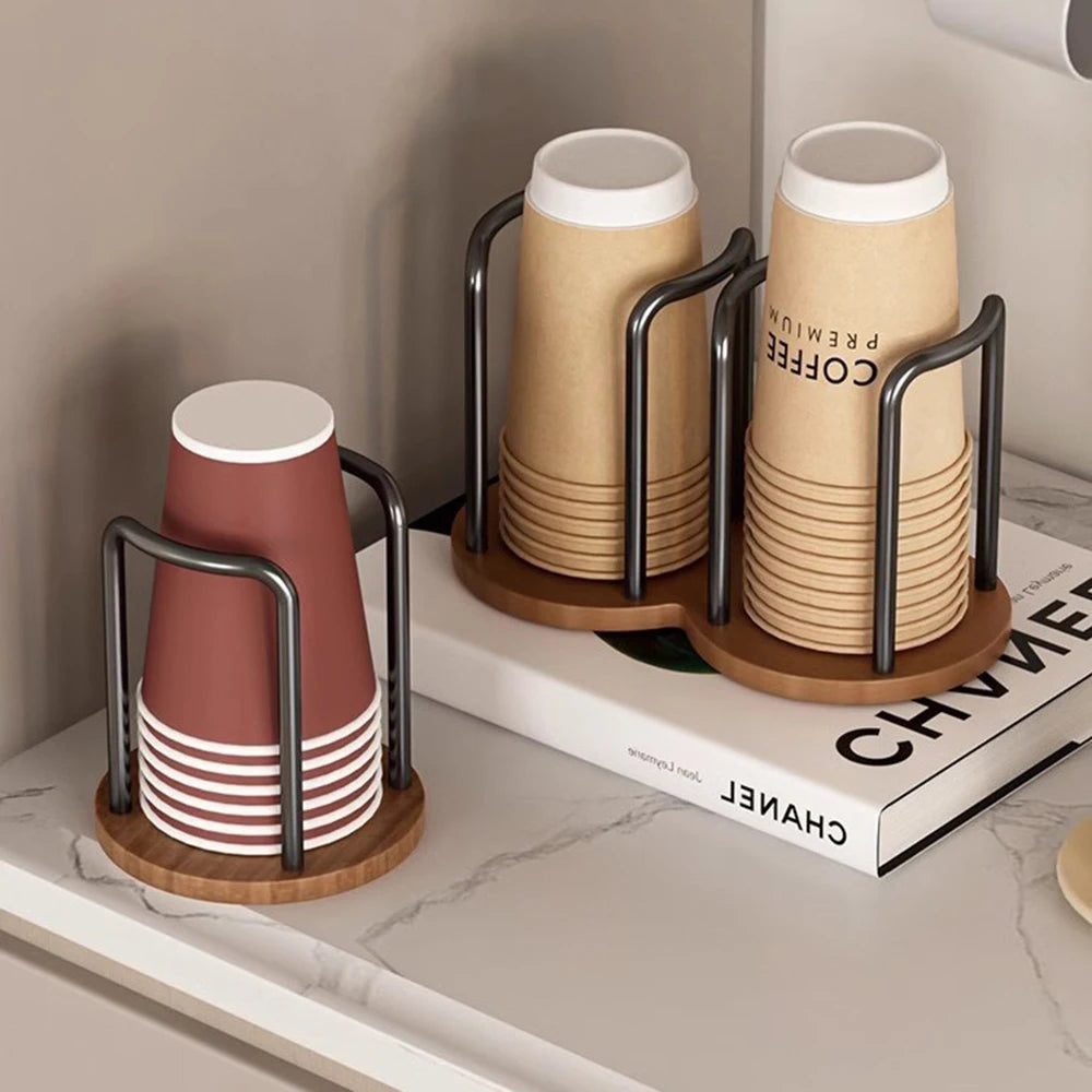 Wooden Disposable Cup Dispenser with Long Stick Tea Water Cup Storage Holder Rack Shelf Mug Display Stand Organizer for Home