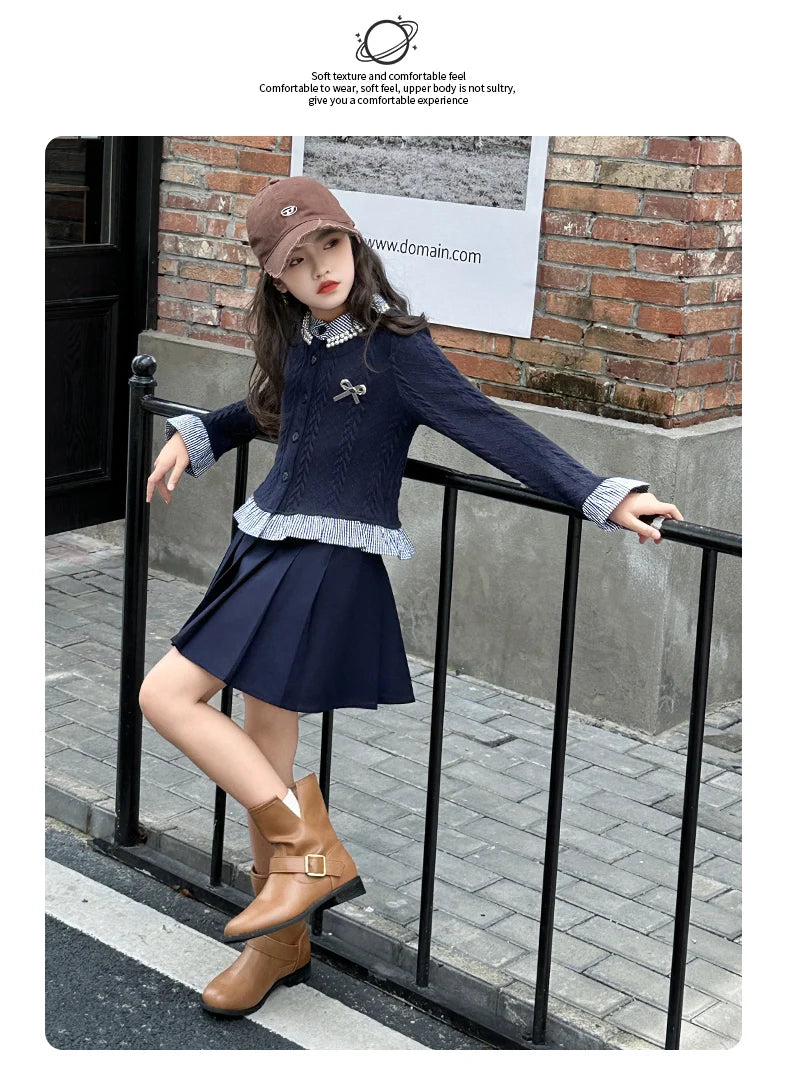 teen girls college style clothes set Striped patchwork ruffle hem tops jacket+Pleated skirt 2pcs junior kids suit child outfits