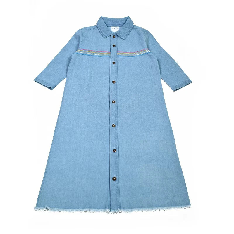 Summer kids clothes denim blue boy and girl dress t-shirt top set baby romper skirt colorful embroidery stripes children outfit