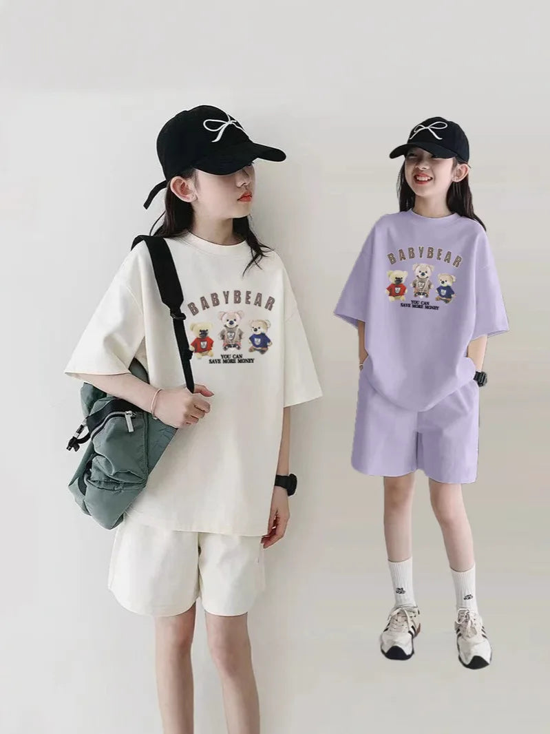 2026 SUMMER children set Girls Clothes sport tracksuit teenager bear letter T-shirt + shorts hot pant 4 5 7 8 9 10 11 12 years