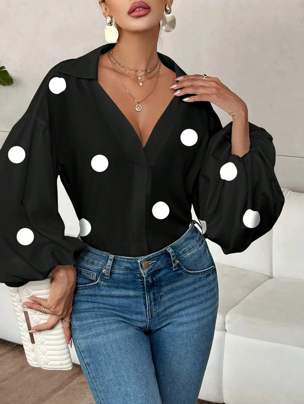 Boho Women's Blouses Spring Fall New Fashion French Polka Dot Half-neck Design Loose Puff Long-sleeve Top Casual Shirts Women