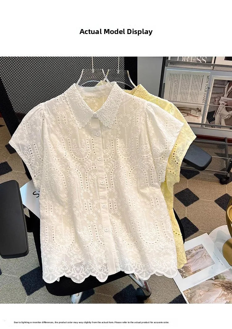 Elegant European Summer 2025 New Design Sense Small Hollow out Embroidery  Collar Top Versatile Match Korean Style Loose Fit