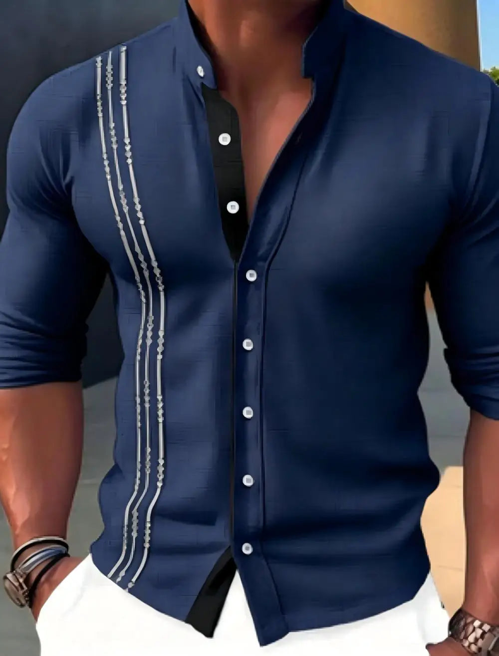 Men's linen casual shirt, loose fit, fashionable, high collar, suitable for summer wear, high collar cardigan, long sleeved, mad