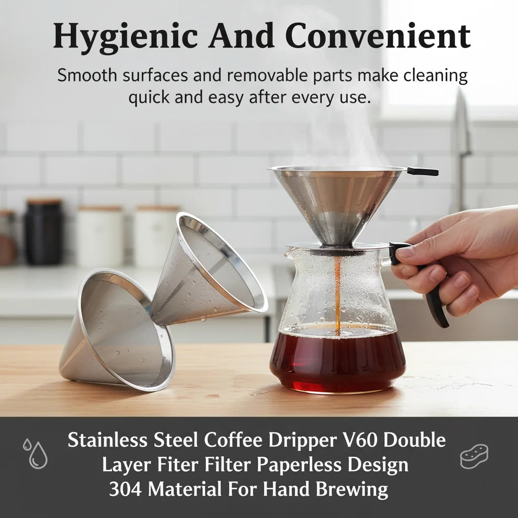 V60 Stainless Steel Coffee Filter Cone Double Layer Paperless Design 304 Material for Pour Over Brewing Large Capacity