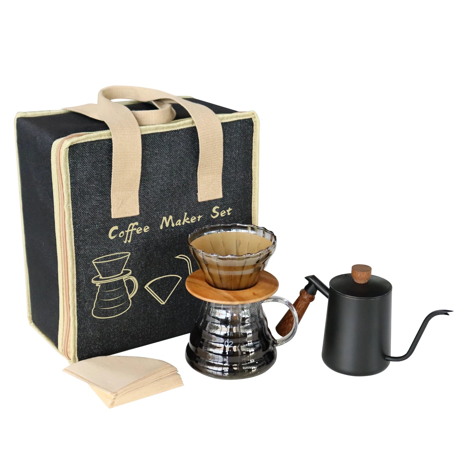Complete Manual Pour Over Coffee Set V Shape Glass Dripper 600ml Gooseneck Kettle Kit Portable Coffee Travel Bag Barista Gift