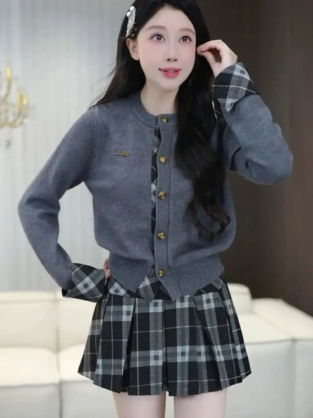 Women's Preppy Style Knitted Cardigan And Plaid  Skirt Two-Piece Set Single Button Spring Fashion College Wind Ensemble