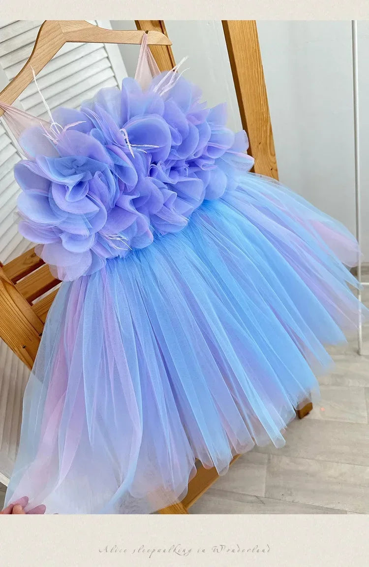 Girl Clothes Children's Flower Dress Wedding Princess Dresses Little Girls Pink Blue Strap Tulle Tutu Skirt Purple Spaghetti