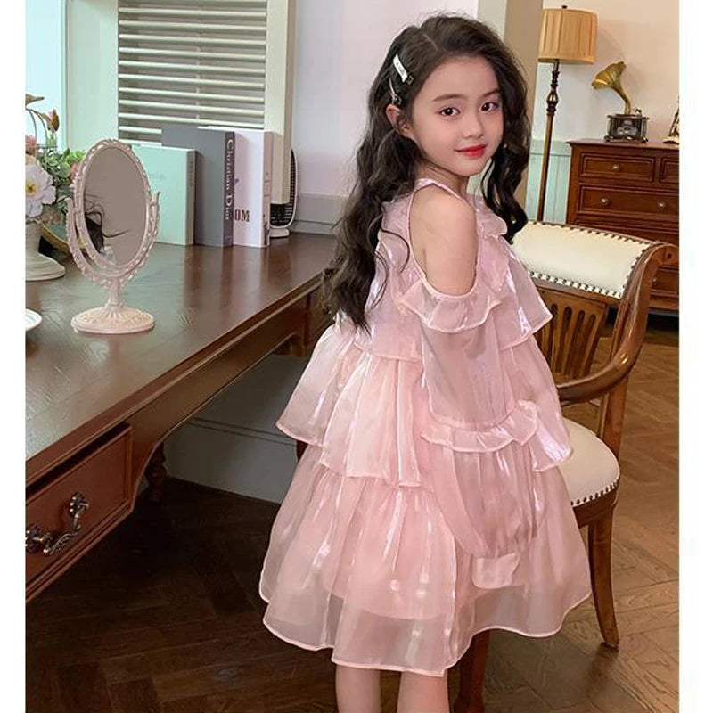 2025 Summer New Girls Dress Pink Off Shoulder Long Sleeve Halterneck Princess Dress For 2-10 Years Teen Girls Grace Fashion Dres