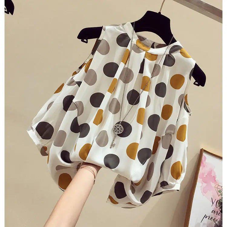 Oversize Summer Polka Dot Printed Chiffon Blouses Women Round Neck Patchwork Short Sleeve Shirt Off Shoulder Tops Female Clothes
