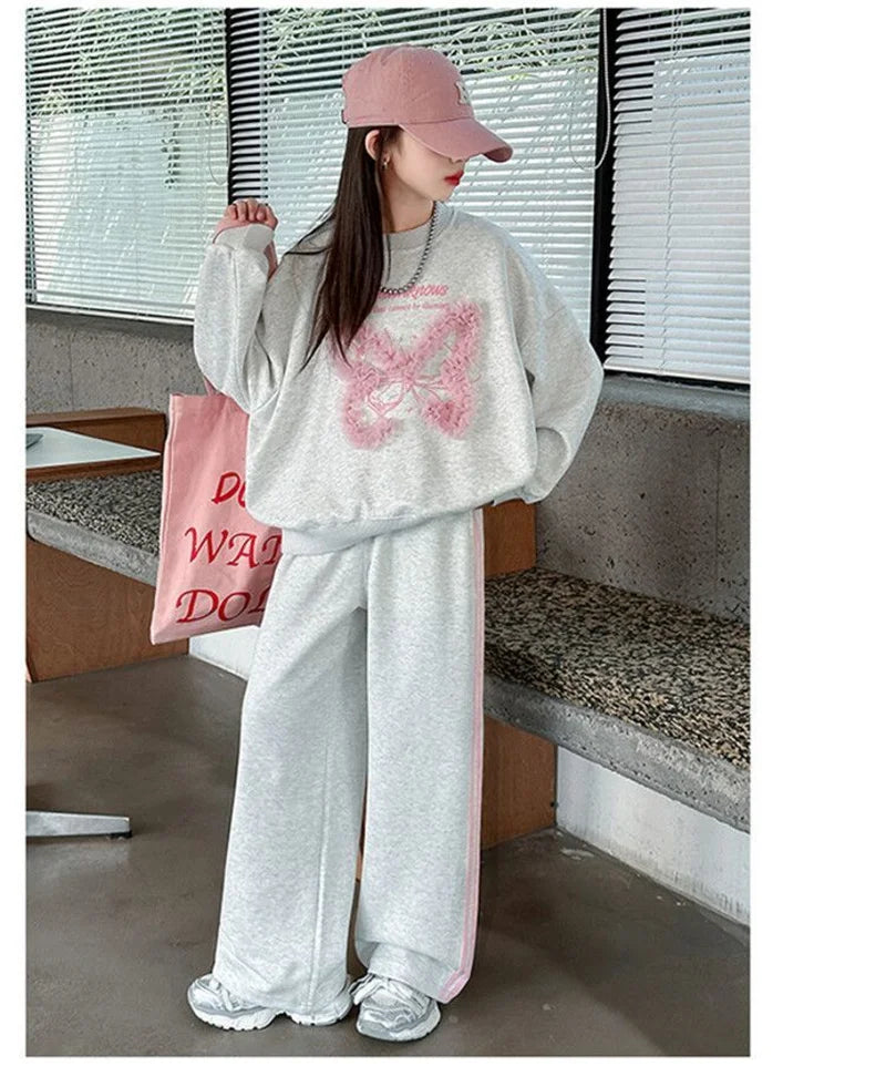 New Girls Tracksuit Sets Autumn Spring Kids Lace Butterfly Sweatshirt+Pants 2Pcs Teen Loose Sports Suits Children Casual Outfits