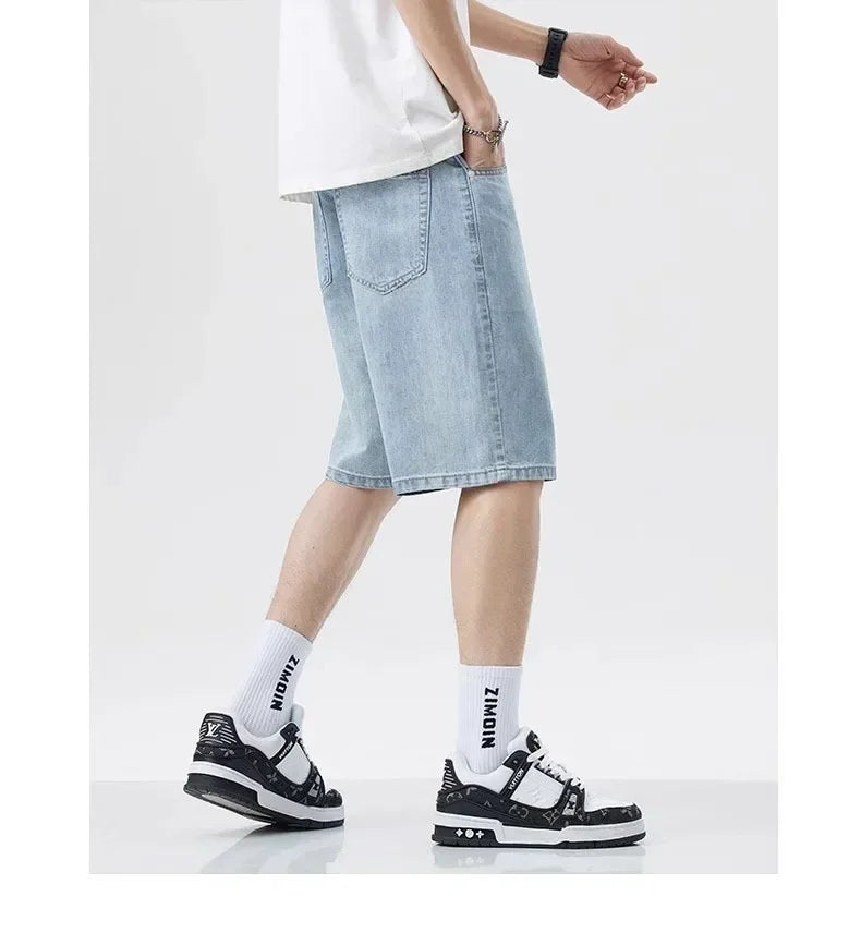 2025 Summer Classic Shorts Jeans Men Denim Pants Straight Stretch Casual Cool Thin Knee Length Blue Fashion Brand Daily Trousers