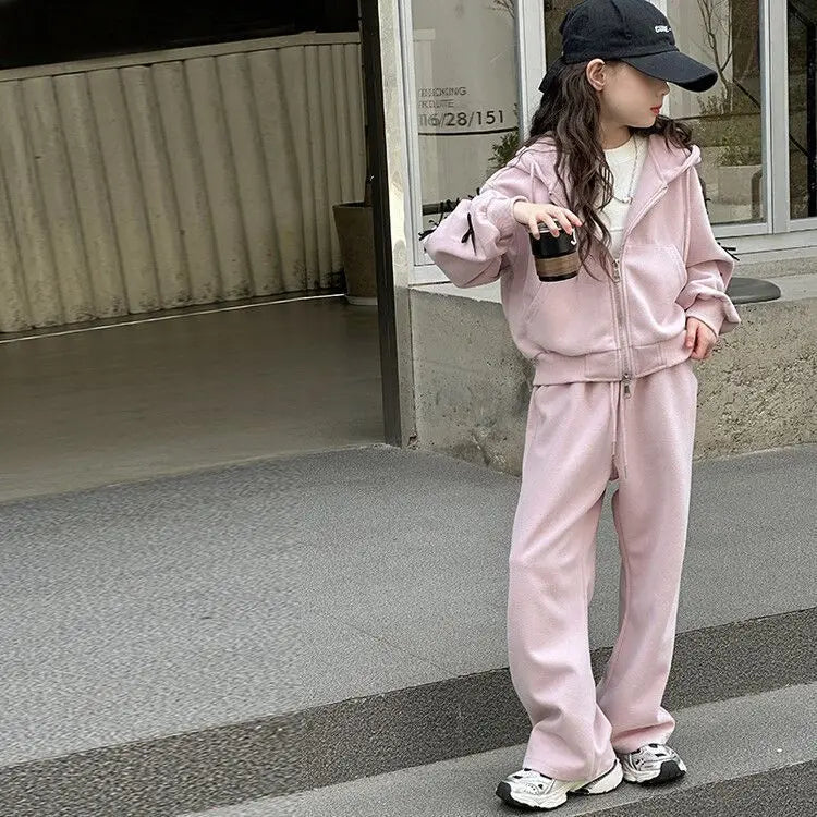 2026 casual spring winter girl cloth bow loose striped heart sweatshirt + wide leg pant teens children set 4 8 10 12 14 15 year