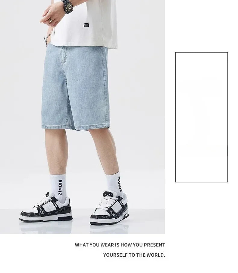 2025 Summer Classic Shorts Jeans Men Denim Pants Straight Stretch Casual Cool Thin Knee Length Blue Fashion Brand Daily Trousers