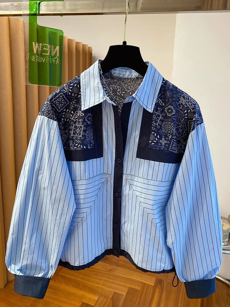 Chic Design Striped Long Sleeved Shirt Spring Autumn New Casual Retro Loose Shirts Versatile Women Fashion Tops