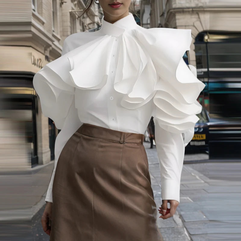 ZANZEA Vintage Solid Office Blouse Women Ruffled Stitching Street Shirts Spring 3D Long Sleeve Tops Casual Loose Buttons Tunics