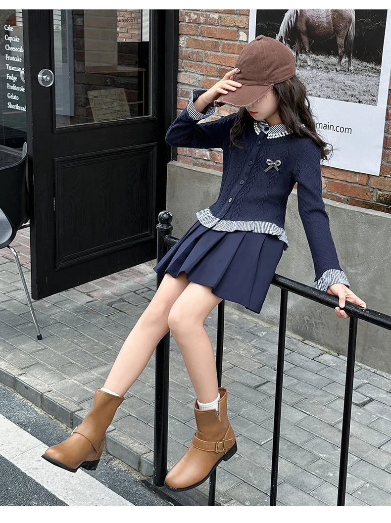 teen girls college style clothes set Striped patchwork ruffle hem tops jacket+Pleated skirt 2pcs junior kids suit child outfits