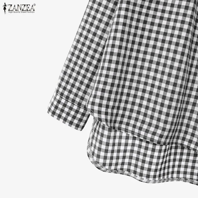 ZANZEA Women's Gingham Pant Suits Collared Long Sleeve High-Low Blouse & Wide Leg Pant 2 Pieces Sets Streetwear Casual Outfits