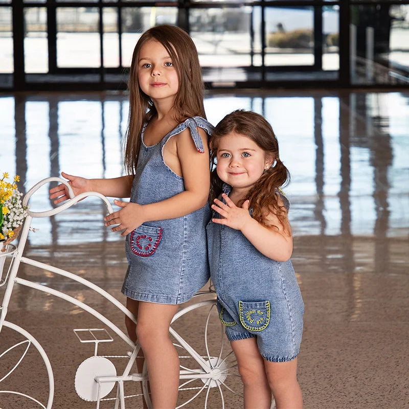 6m-12t 2024 New Summer Spring Denim Famliy Clothing Set Girls Suspender Dress Skirt Baby Sleeveless Romper Overall Boys Shirt