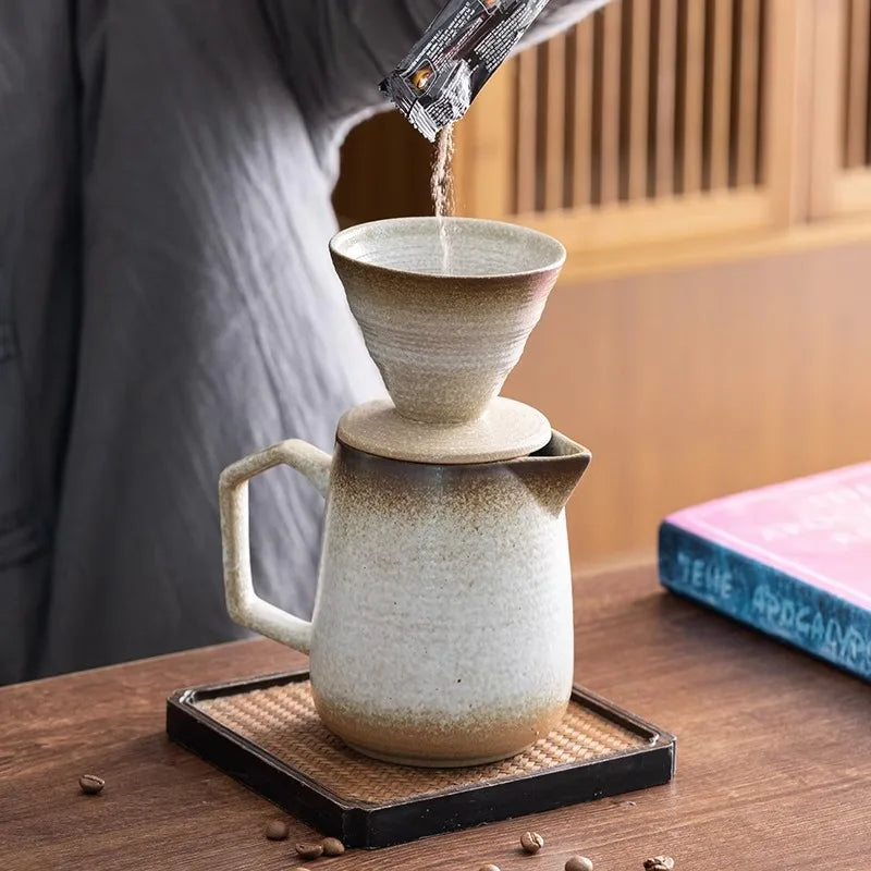 Retro coarse pottery coffee pot drip brewing set gradual change manual filter cup V60 hand brewing coffee set