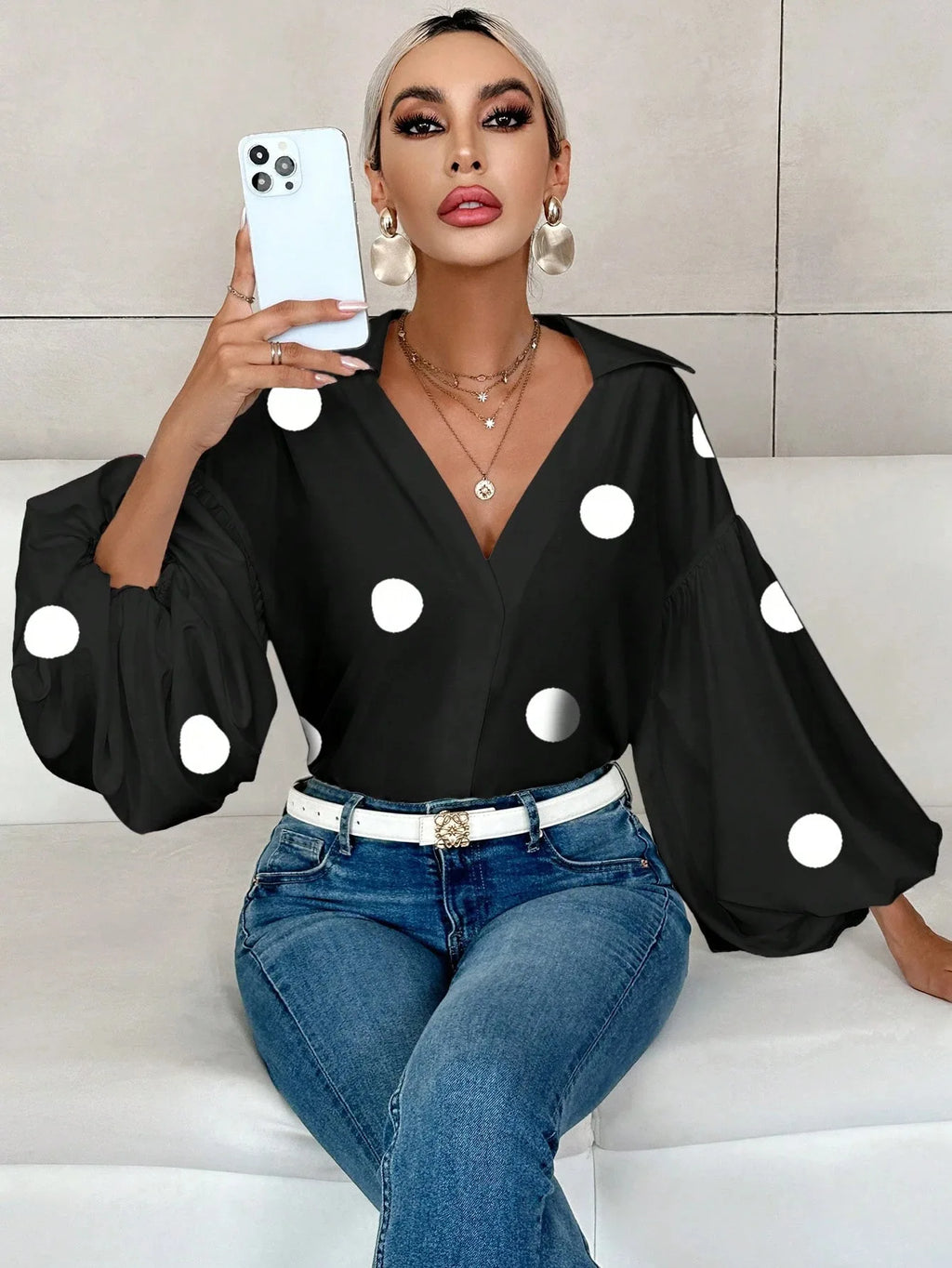 Boho Women's Blouses Spring Fall New Fashion French Polka Dot Half-neck Design Loose Puff Long-sleeve Top Casual Shirts Women