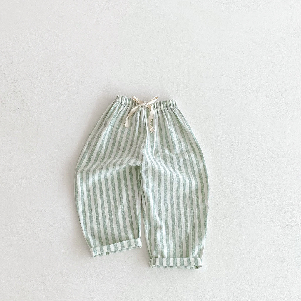 Spring Summer Boys Striped Loose Pants Baby Girl Vintage Casual Linen Cotton Harlan Pants Kids Lace-up Pant Children Clothing