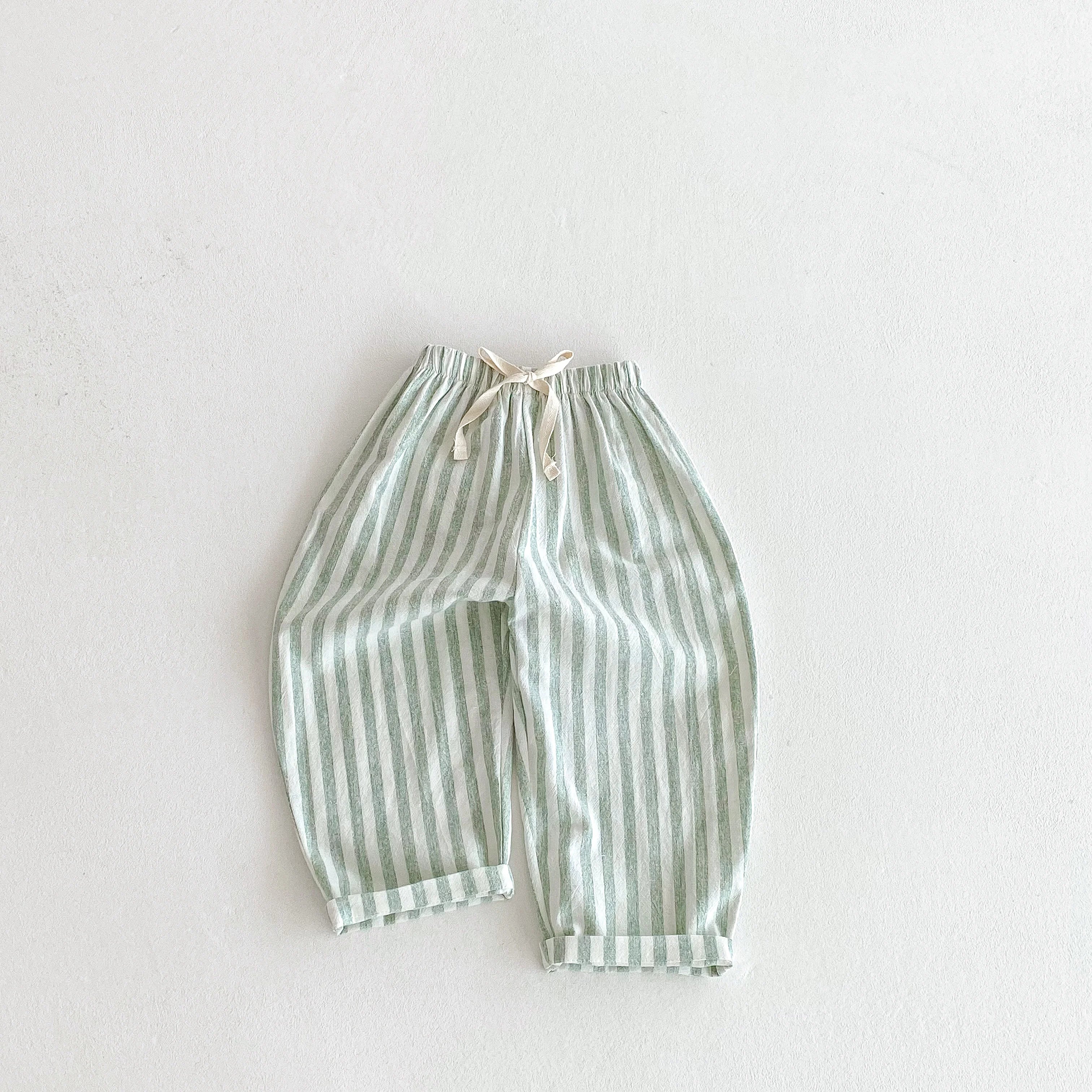 Spring Summer Boys Striped Loose Pants Baby Girl Vintage Casual Linen Cotton Harlan Pants Kids Lace-up Pant Children Clothing