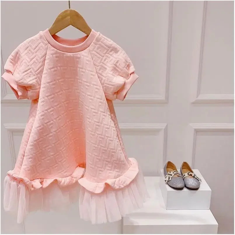 Girls Fashion Pink Princess Dress Kids Summer Puff Sleeve Casual Dresses Children Korean Style Mesh Clothing Gift Lolita Dress