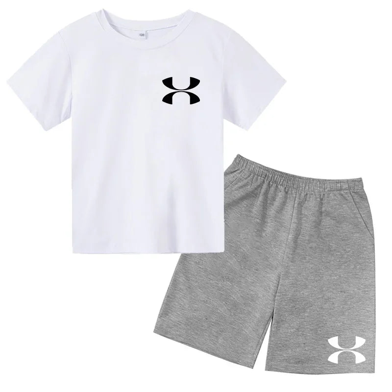 Kids Brand T-shirt Summer Clothes Letters Round Neck Fashion Short-sleeved+Shorts Two-piece Set Boy Girl 3-12Y Casual Sports Set