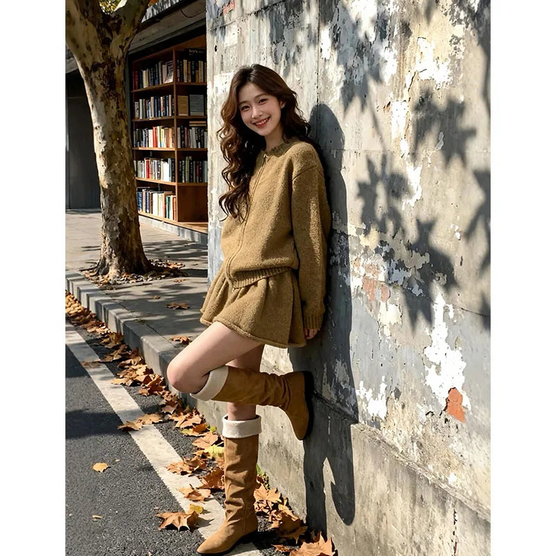 Korean Style Women's Knitted Cardigan And Short Skirt Two-Piece Set Warm And Fashionable Autumn Winter Outfit High Waist Skirt