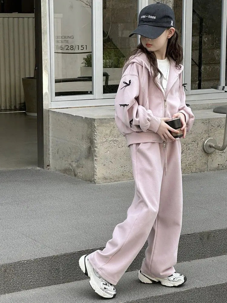 2026 casual spring winter girl cloth bow loose striped heart sweatshirt + wide leg pant teens children set 4 8 10 12 14 15 year