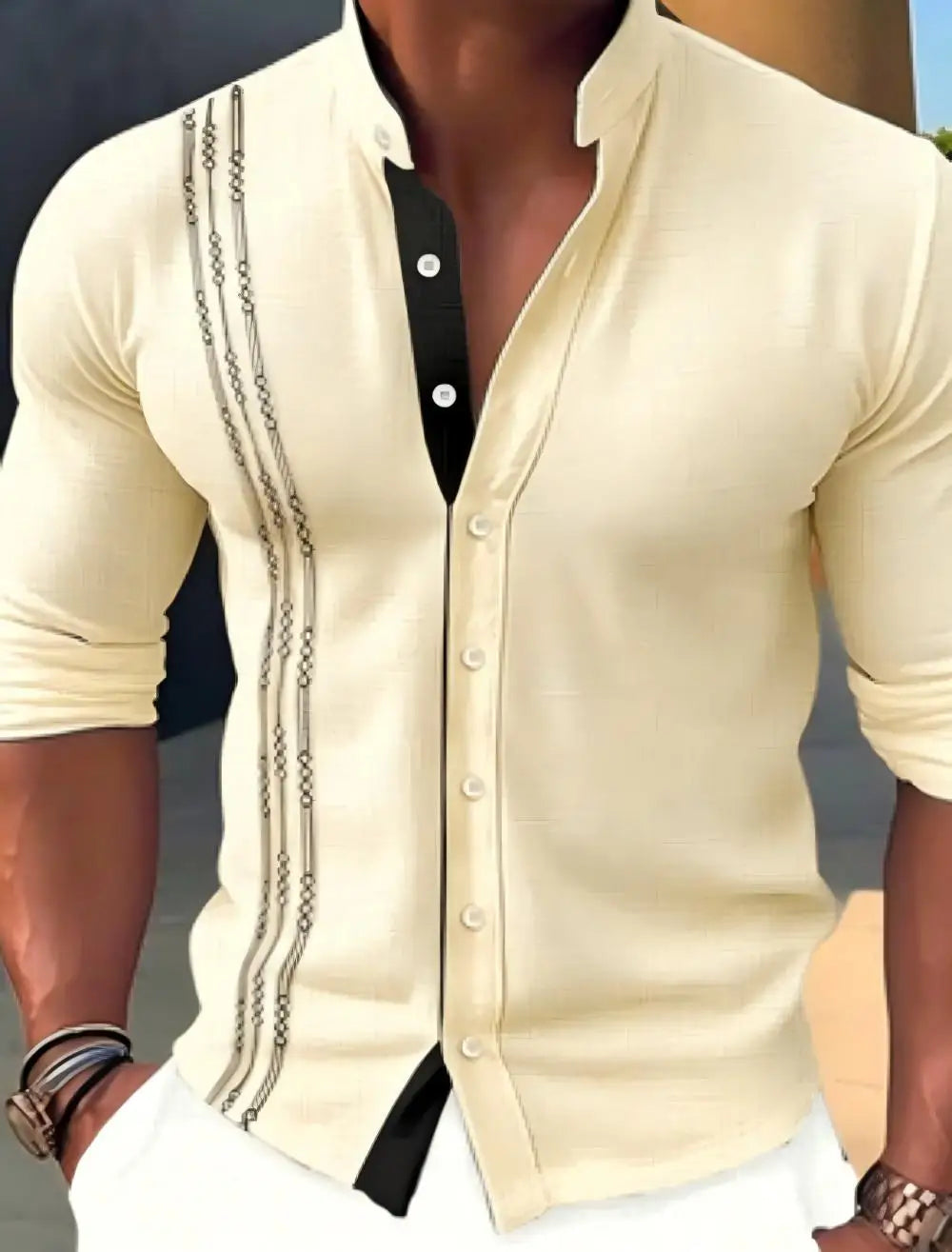 Men's linen casual shirt, loose fit, fashionable, high collar, suitable for summer wear, high collar cardigan, long sleeved, mad