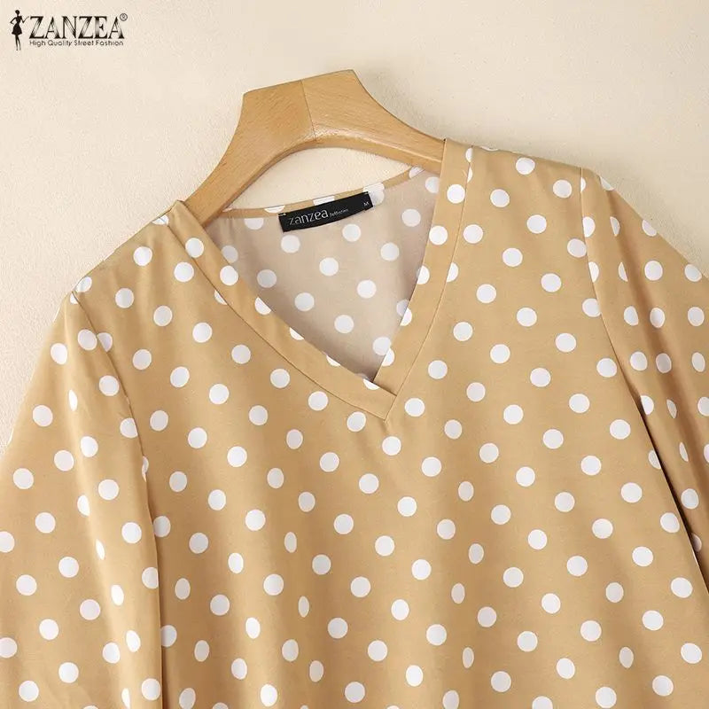 ZANZEA Elegant Woman Polka Dot Blouses Vintage V-Neck Half Bell Sleeves Loose Tops 2026 Summer Vacation Casual Blusas de Mujer