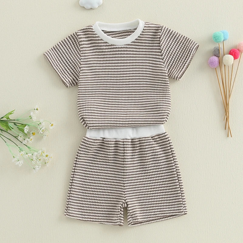 2024-12-30 Lioraitiin Toddler Baby Boys Summer Outfit Waffle Striped Short Sleeve T-shirt Elastic Waist Shorts Set