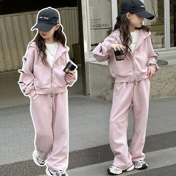 2026 casual spring winter girl cloth bow loose striped heart sweatshirt + wide leg pant teens children set 4 8 10 12 14 15 year