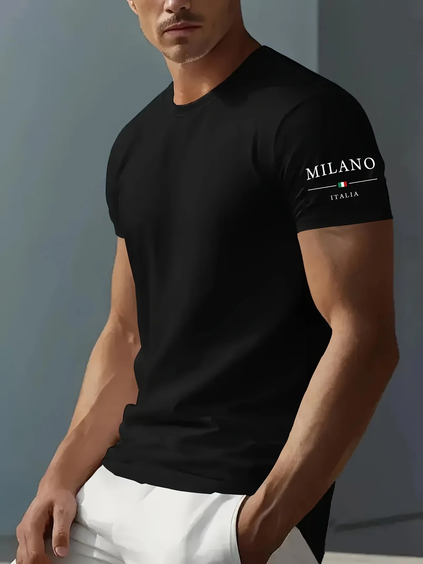 100% pure cotton men's summer casual sports fashionable loose MILANO ITALIA pattern printed round neck short sleeved T-shirt top