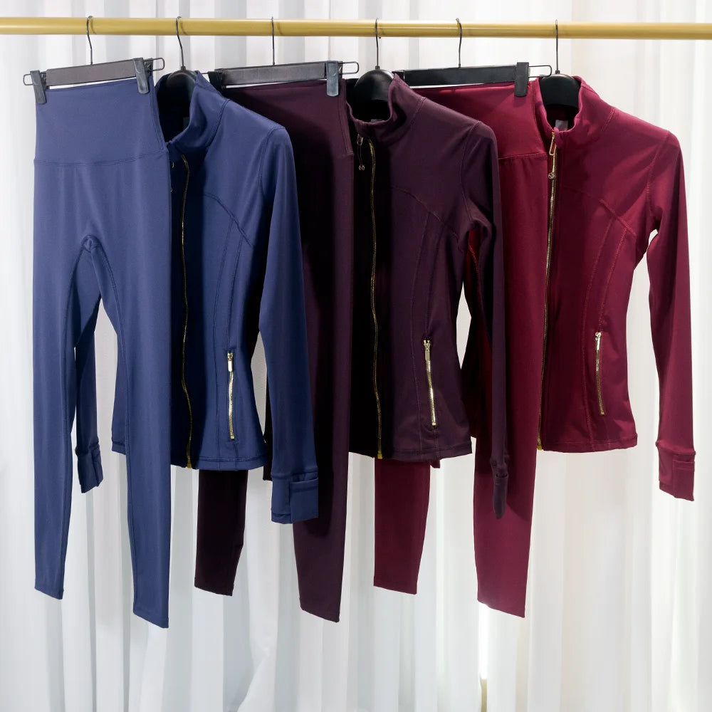 Set with a high-end feel, stand-up collar, slim-fit jacket for women, slimming nine-point yoga pants, casual two-piece set