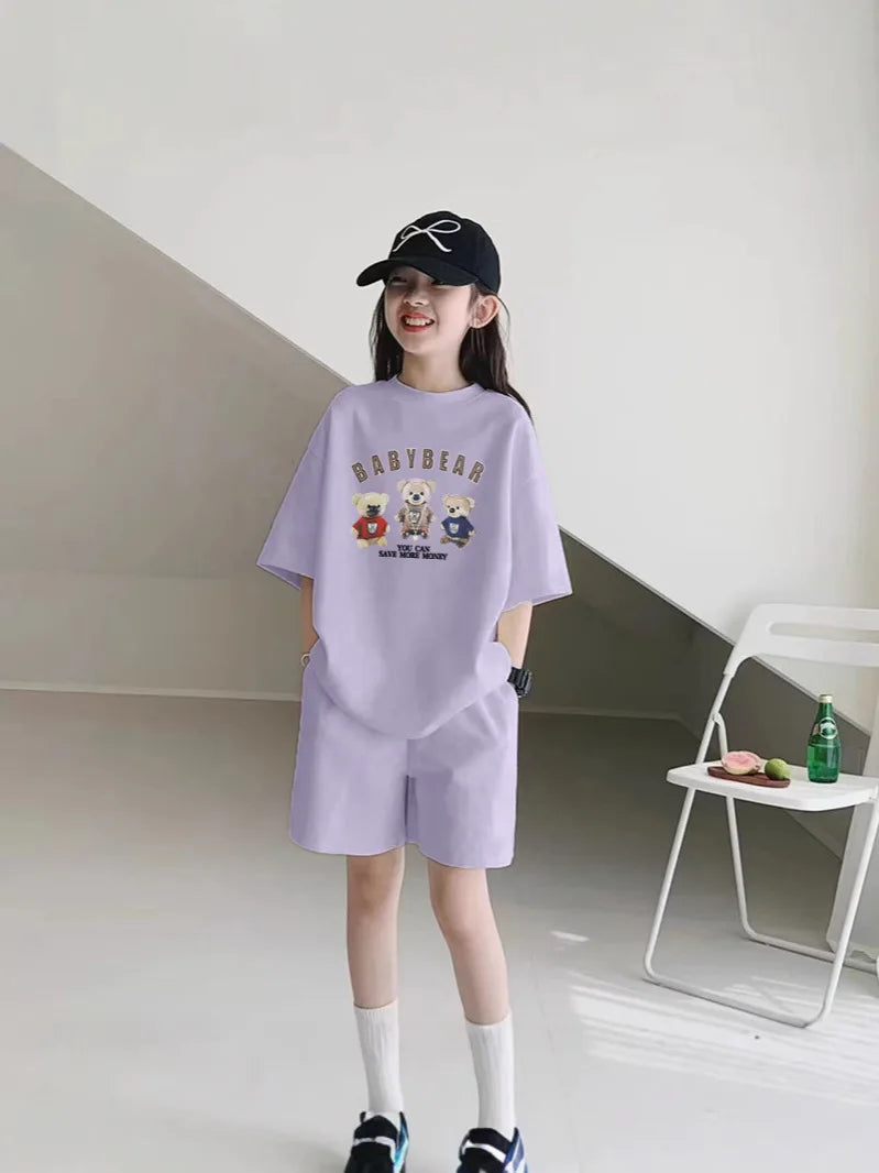 2026 SUMMER children set Girls Clothes sport tracksuit teenager bear letter T-shirt + shorts hot pant 4 5 7 8 9 10 11 12 years