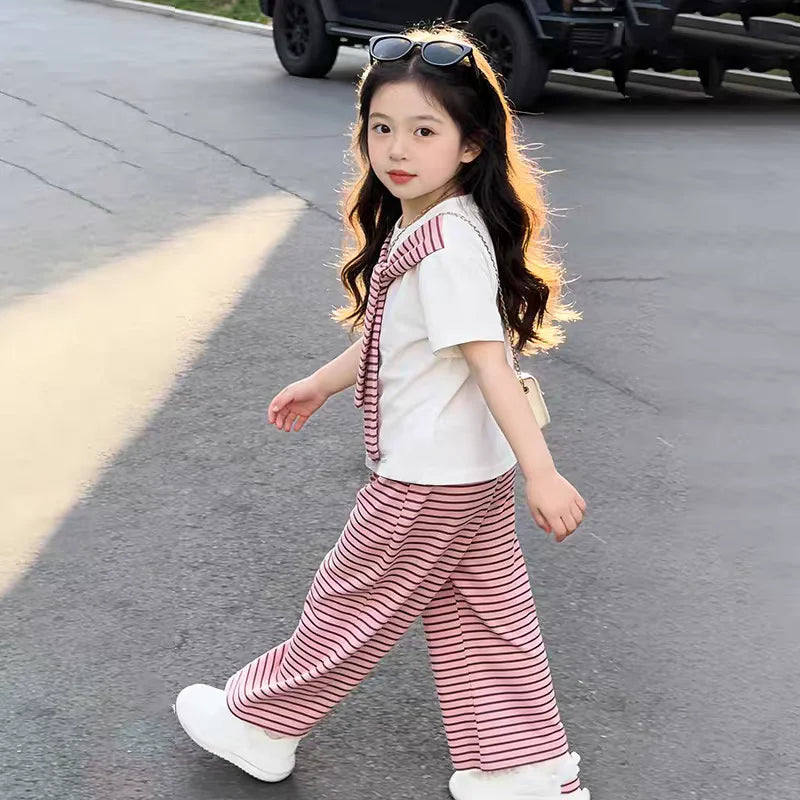 New Girls Summer Sets Children Casual Printed T-Shirt Suit Kids Short-Sleeve Top+Shorts Pcs Outfits Teenager Fashion Clothes