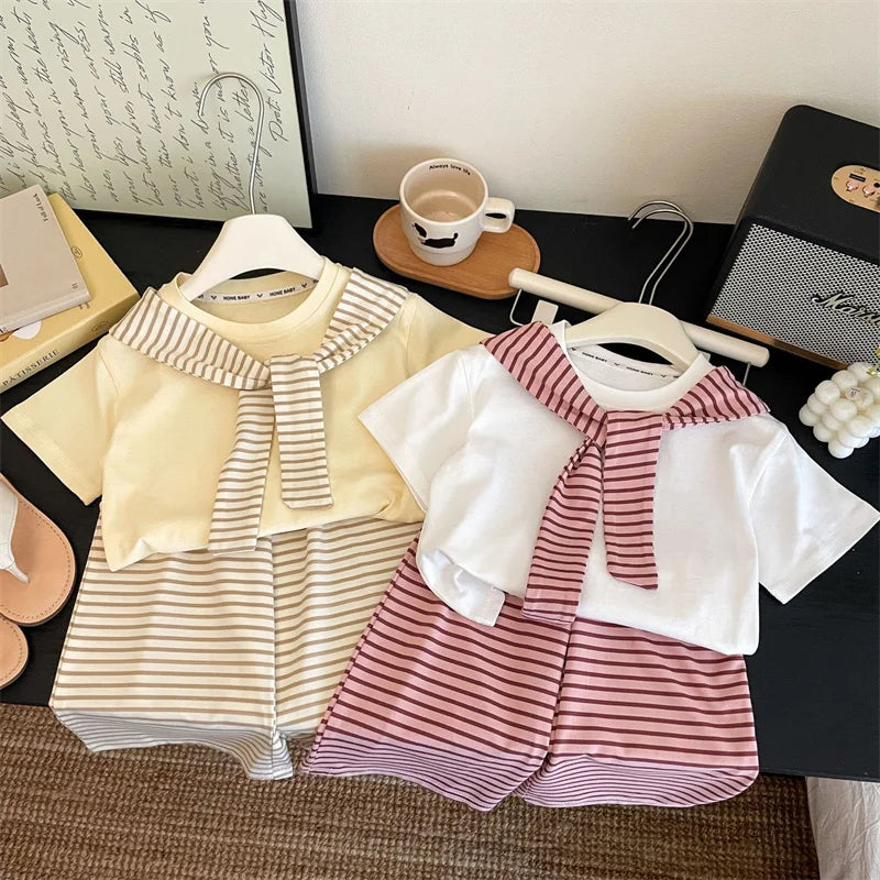 New Girls Summer Sets Children Casual Printed T-Shirt Suit Kids Short-Sleeve Top+Shorts Pcs Outfits Teenager Fashion Clothes