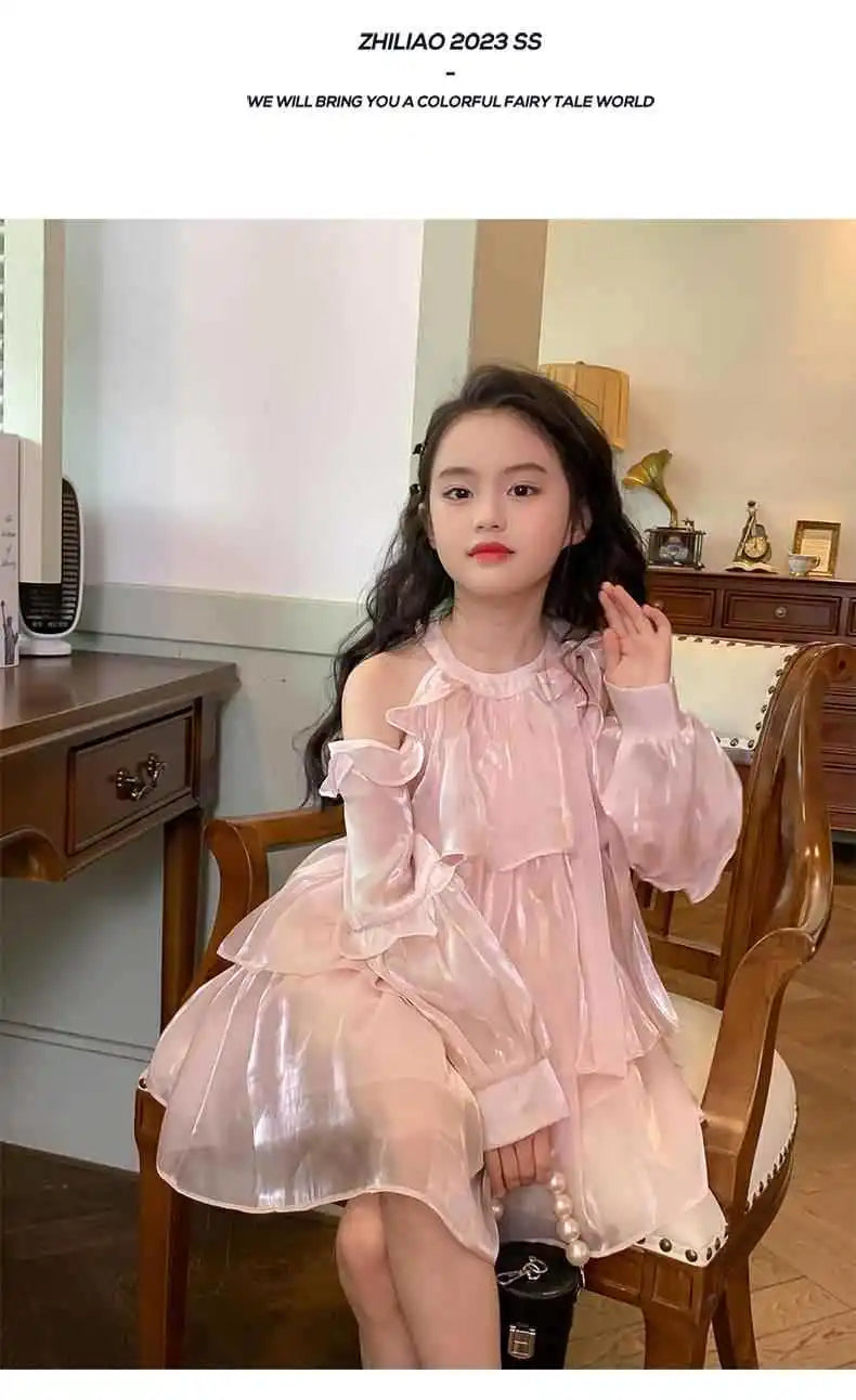 2025 Summer New Girls Dress Pink Off Shoulder Long Sleeve Halterneck Princess Dress For 2-10 Years Teen Girls Grace Fashion Dres