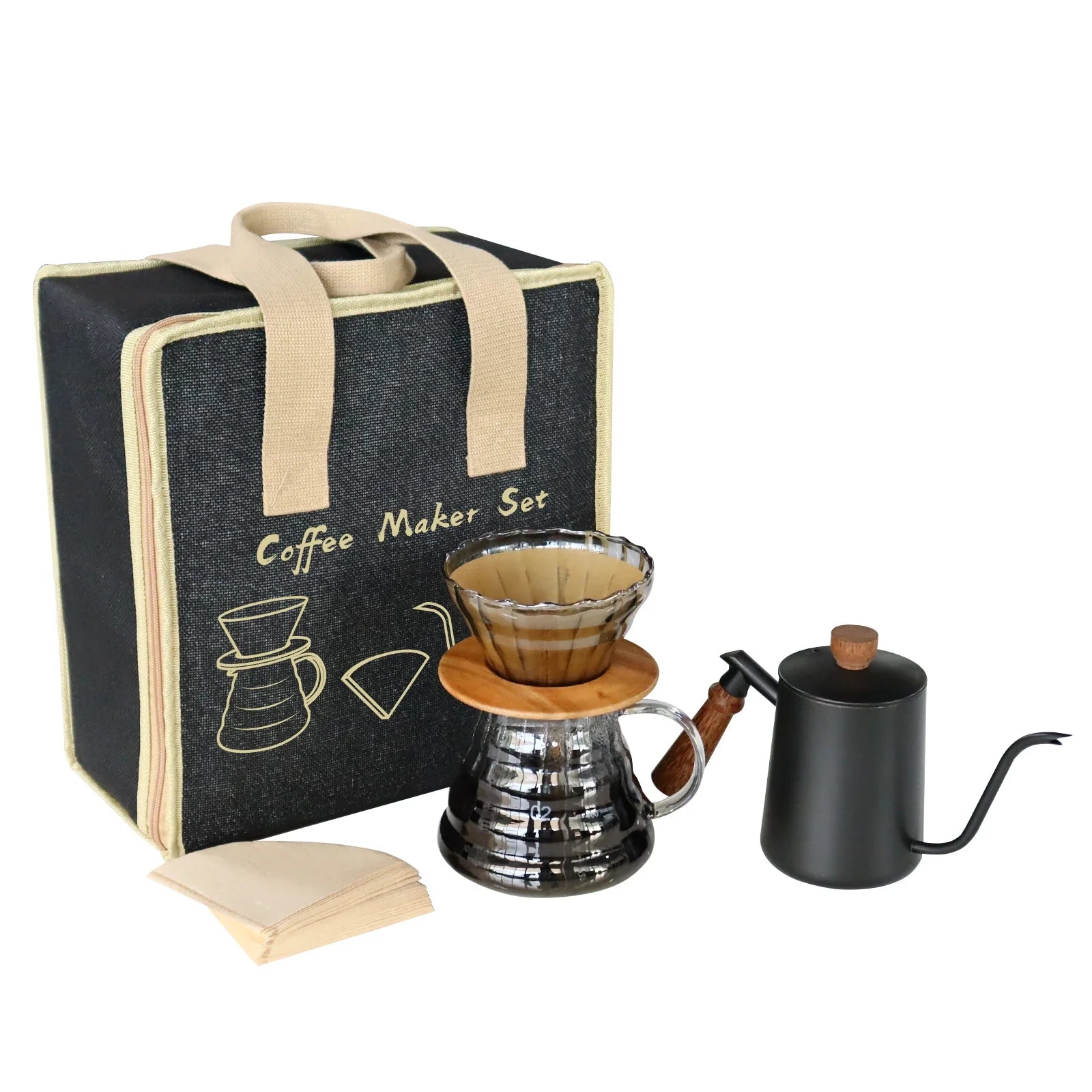 Complete Manual Pour Over Coffee Set V Shape Glass Dripper 600ml Gooseneck Kettle Kit Portable Coffee Travel Bag Barista Gift
