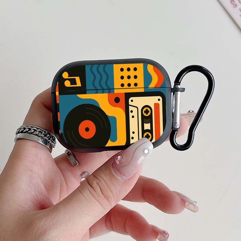 Trendy Retro Music Pattern Earbuds Case For AirPods 4/3/2/1 Case For AirPods Pro 3/Pro 2/Pro TPU Protective Cover with Keychain