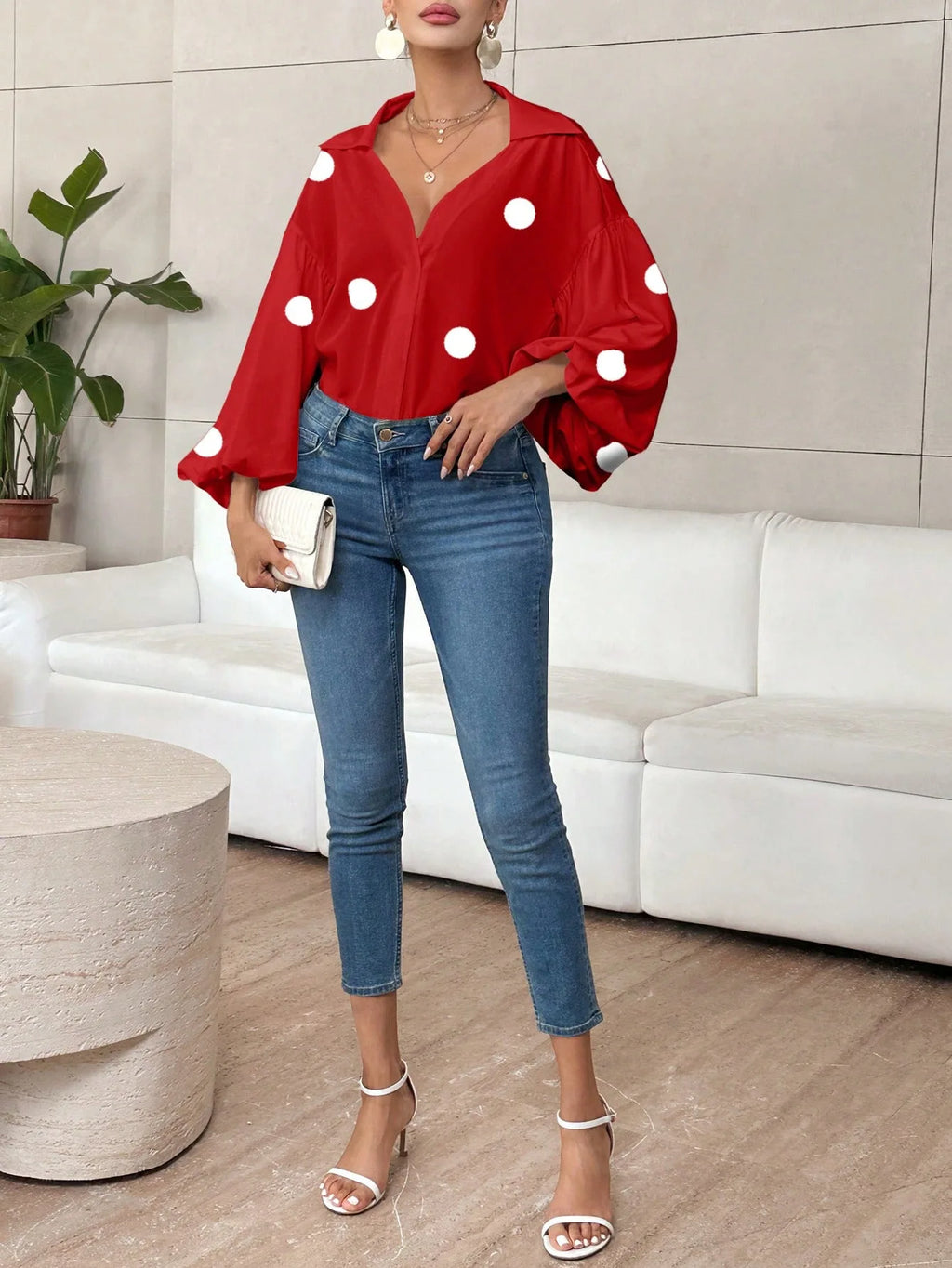 Boho Women's Blouses Spring Fall New Fashion French Polka Dot Half-neck Design Loose Puff Long-sleeve Top Casual Shirts Women