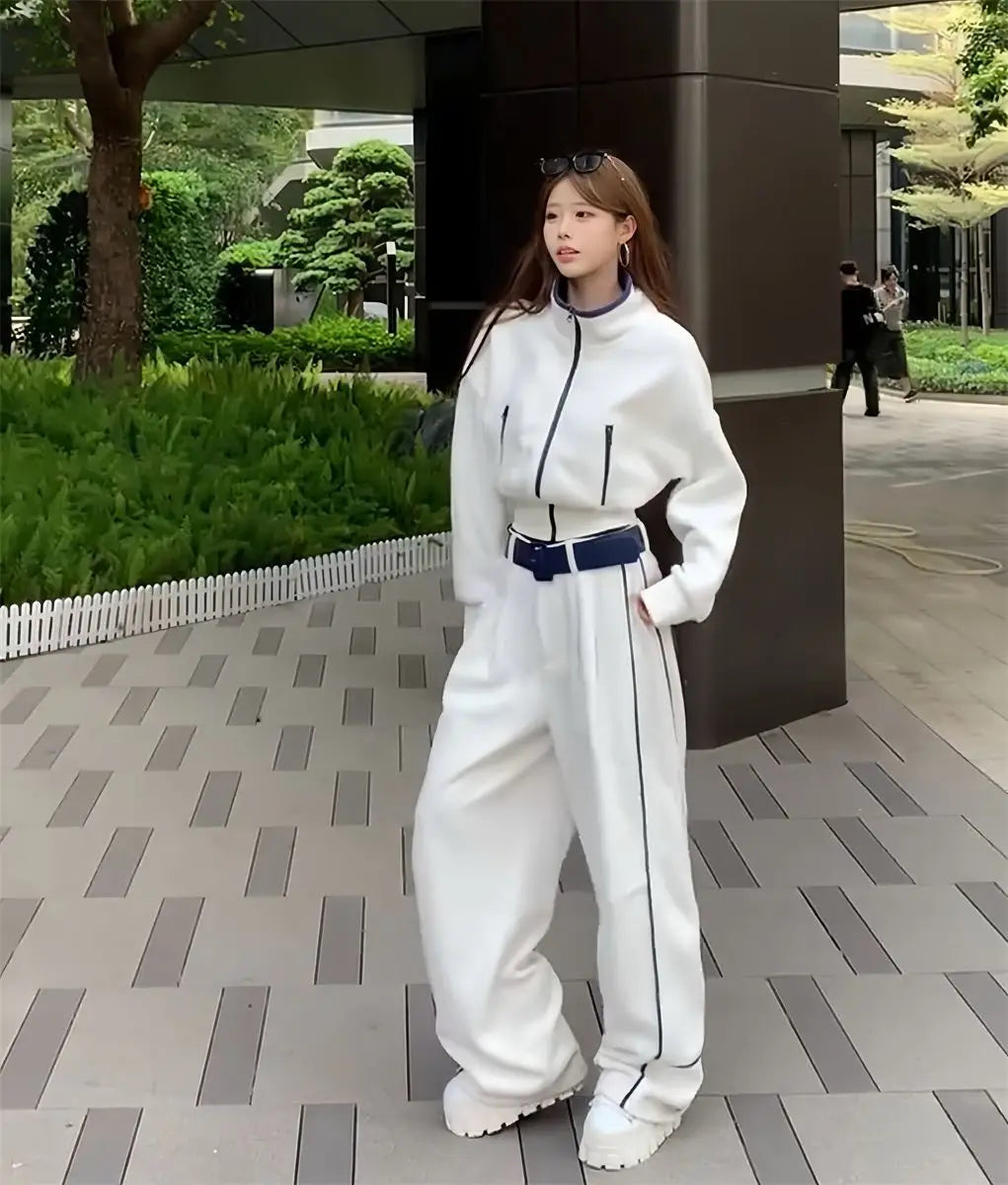 Korean Style Fashionable Set Women's Autumn Winter Design Collar Top Wide Leg Pants Two Piece Set Casual High Waist Polyester...