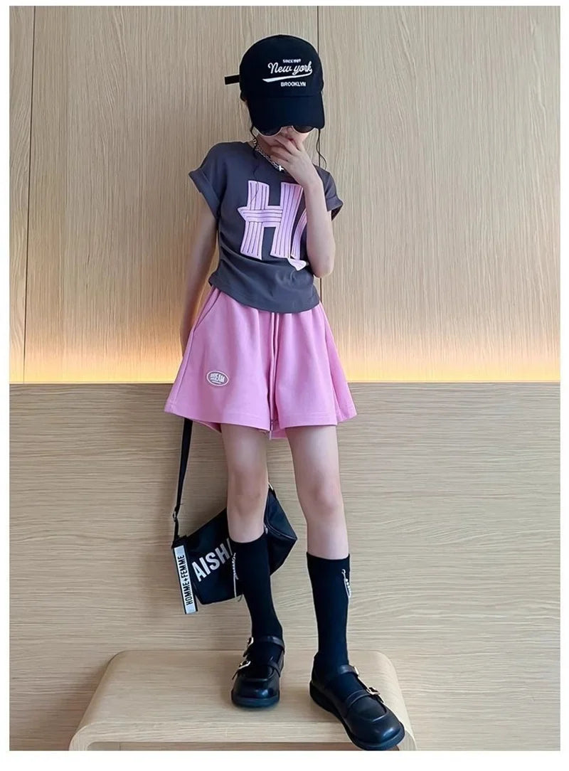 New Girls Short Sleeve Sets Summer Letter T-Shirt Tops+Shorts 2Pcs Suits Kids Clothes Sport Casual Straight Outfits 3-12 Years